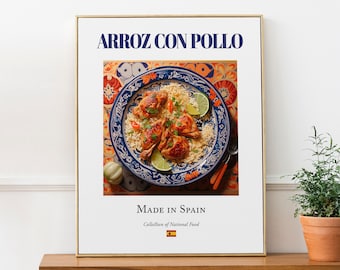 Arroz con Pollo auf Maiolica Fliesenplatte, Traditionelles Spanisches Essen Wand Kunst Print Poster, Küche und Café Dekor, Feinschmecker Geschenk