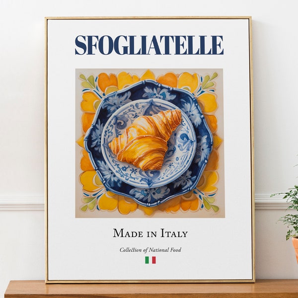 Sfogliatelle on Maiolica tile plate, Traditional Italian Food Wall Decor Print Poster Foodie Gift Kitchen Cafe / Restaurant Wall Art