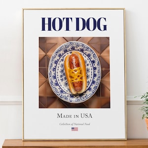 Hot dog on Maiolica tile plate, Traditional American Food Wall Art Print Poster Foodie Gift Cafe Wall Art