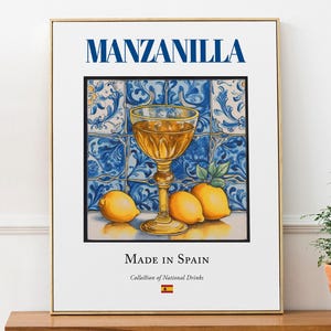 Manzanilla on Maiolica tile, Spanish Traditional Beverage Print Poster, Kitchen and Bar Wall Art