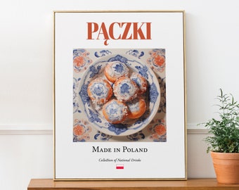 Pączki (Polish Donuts) on Maiolica tile plate, Traditional Polish Food Wall Art Print, Kitchen and Café Decor