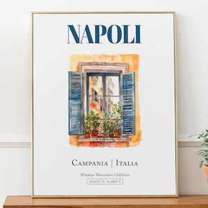 Napoli (Kampanien, Italia) Reisedruck Poster, traditionelle Fenster Aquarell Illustration Wandkunst, Italien Liebhaber Geschenk
