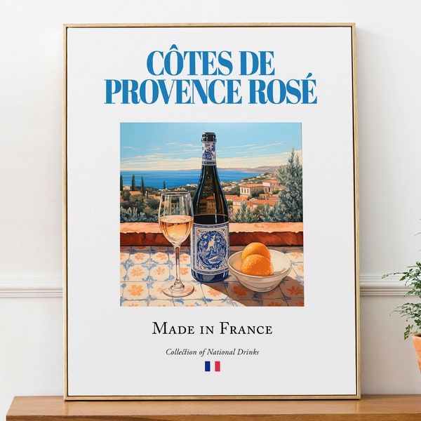 Côtes De Provence Rosé sur carreaux de maiolica, affiche d'impression de boissons françaises traditionnelles (boisson), art mural de cuisine et de bar