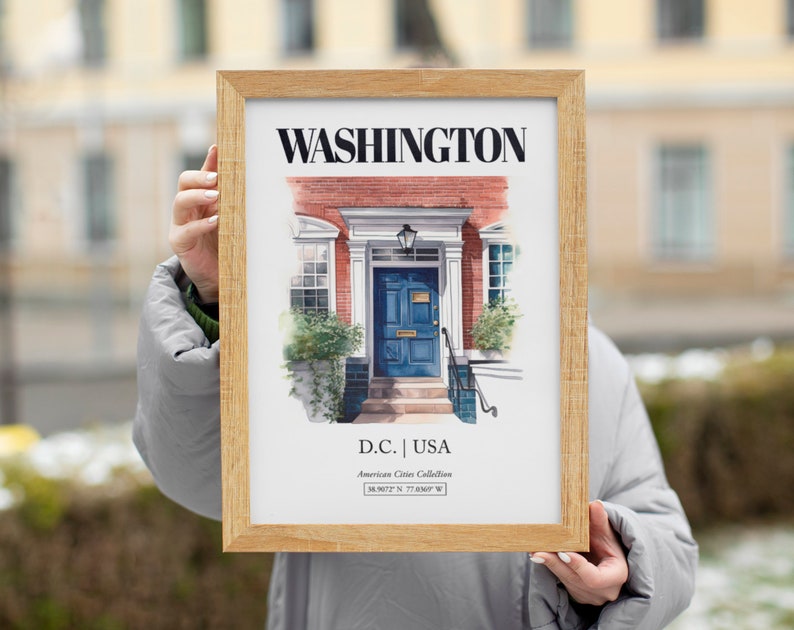 Washington, D.C., USA, Aesthetic Minimalistic Watercolor Entrance Door, Wall Art Print Poster, Living Room Decor image 7
