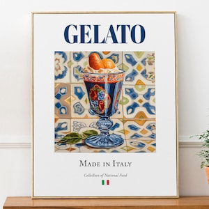Gelato on Maiolica tile plate, Traditional Italian Food Wall Decor Print Poster Foodie Gift Kitchen Wall Art