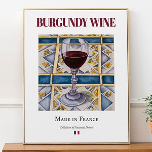 Burgundy Wine on Maiolica tile, French Traditional Beverage Print Poster, Kitchen and Bar Wall Art