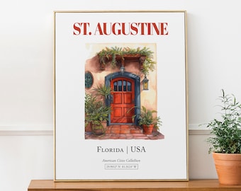 St. Augustine, Florida, USA, Aesthetic Minimalistic Watercolor Entrance Door, Wall Art Décor Print Poster, Living Room Decor