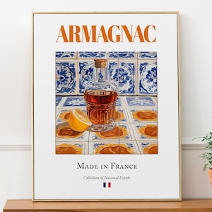 Armagnac on Maiolica tile, French Traditional Beverage Print Poster, Kitchen and Bar Wall Art