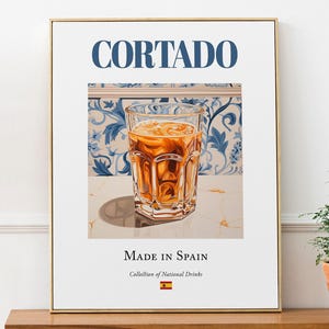 Cortado on Maiolica Tile, Traditional Spanish Beverage (Drink) Print Poster, Kitchen and Bar Wall Art