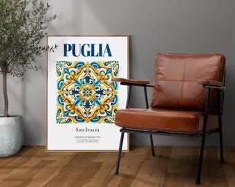 Puglia (Apulia), Sud Italia, Italy, Aesthetic Folk Traditional Maiolica Tile, Wall Art Décor Print Poster, Bedroom Wall Art