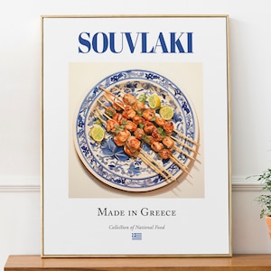 Souvlaki su piatto di maiolica, poster con stampa artistica da parete di cibo greco tradizionale, decorazione per cucina e bar, regalo per buongustai
