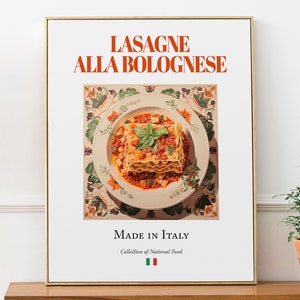 Lasagne alla Bolognese on Maiolica tile plate, Traditional Italian Food Wall Art Print Poster, Kitchen and Café Decor, Foodie Gift image 1