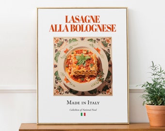 Lasagne alla Bolognese on Maiolica tile plate, Traditional Italian Food Wall Art Print Poster, Kitchen and Café Decor, Foodie Gift