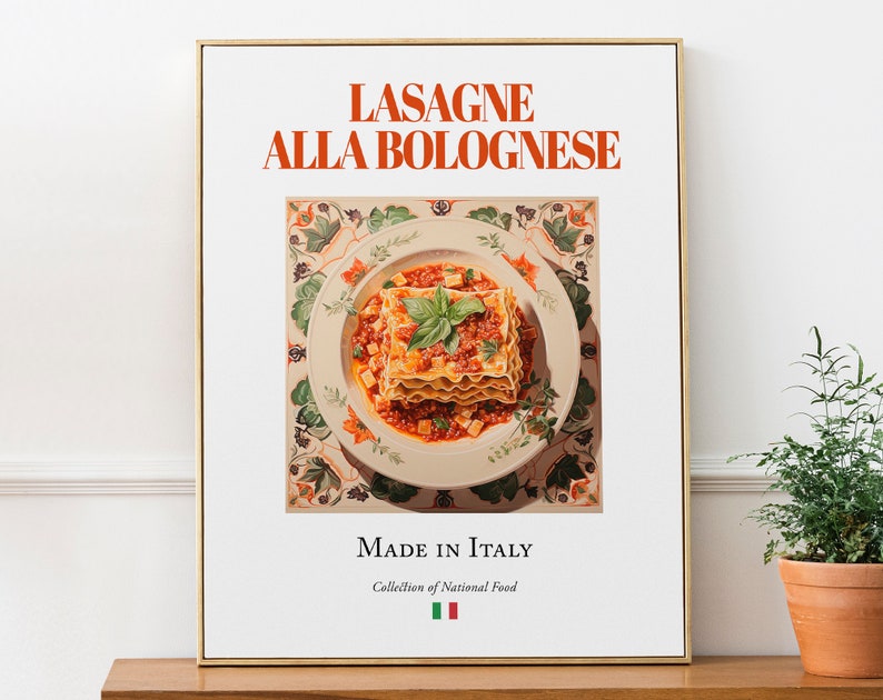 Lasagne alla Bolognese on Maiolica tile plate, Traditional Italian Food Wall Art Print Poster, Kitchen and Café Decor, Foodie Gift image 1