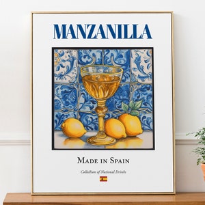 Póster con impresión de bebida tradicional española, manzanilla sobre baldosas de mayólica, arte mural para cocina y bar