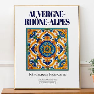 Auvergne-Rhône-Alpes, France, Aesthetic Minimalistic Traditional Tile, Wall Art Décor Print Poster, Bedroom Wall Art
