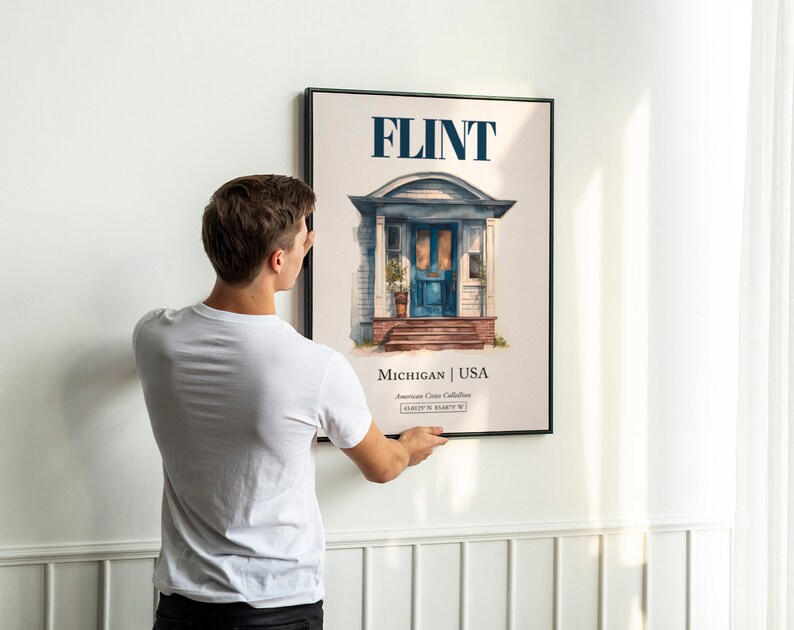 Flint, Michigan, USA, Aesthetic Minimalistic Watercolor Door, Wall Art Print Poster, Living Room Wall Art image 4