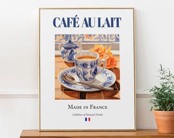 Café Au Lait op Maiolica-tegel, poster met traditionele Franse drank (drank), muurkunst keuken en bar
