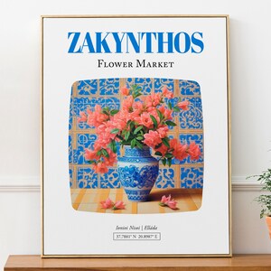 Póster con impresión de arte mural sobre el mercado de flores de Zakynthos (Ionioi Nisoi, Elláda), ramo de buganvillas en jarrón de mayólica
