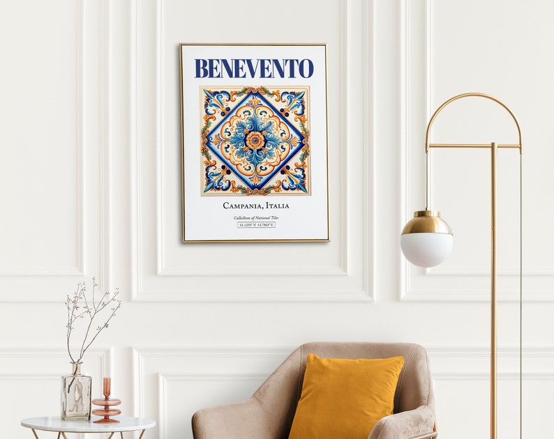 Benevento, Campania, Italy, Aesthetic Folk Traditional Maiolica Tile, Wall Art Décor Print Poster, Living Room Decor image 6