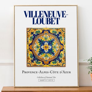 Villeneuve-Loubet, Provenza-Alpes-Costa Azul, Francia, Póster con estampado de azulejos tradicionales minimalistas estéticos, Arte de pared para cocina