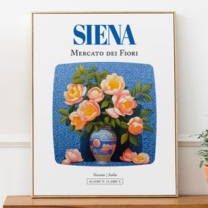 Siena (Toscana, Italia) Mercato dei Fiori, ramo de camelia en jarrón de mayólica, póster impreso artístico para pared