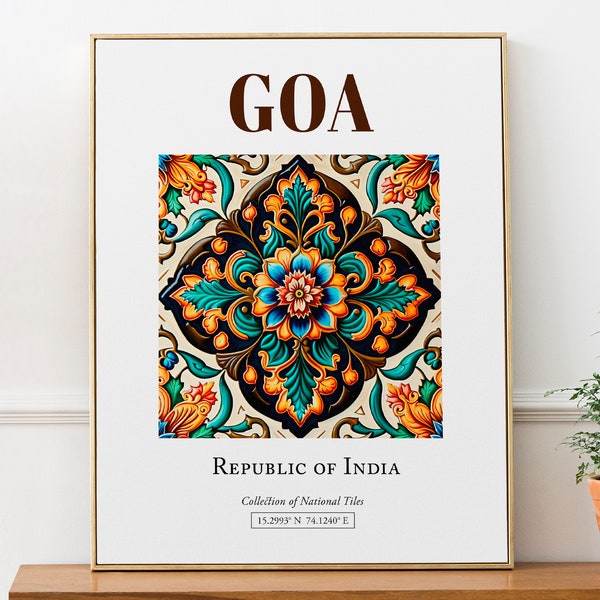 Goa, Inde, carrelage traditionnel folklorique esthétique, affiche imprimée de décoration murale, oeuvre d'art pour le salon