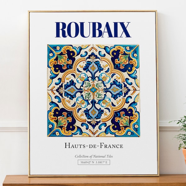 Roubaix, Hauts-de-France, France, Aesthetic Folk Traditional Tile, Wall Art Print Poster, Kitchen Wall Decor