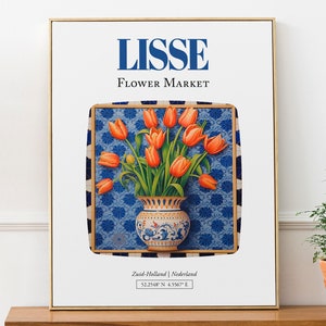 Póster de arte mural con ramo de tulipanes en jarrón de mayólica, mercado de flores de Lisse (Holanda Meridional, Países Bajos)