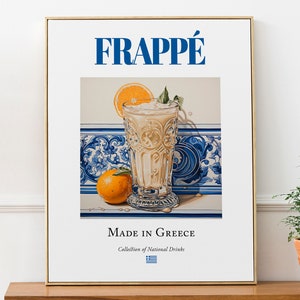 Frappe on Maiolica Tile, Traditional Greek Beverage (Drink) Print Poster, Kitchen and Bar Wall Art
