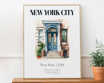 New York City Door Watercolor Print, Minimalist Wall Art