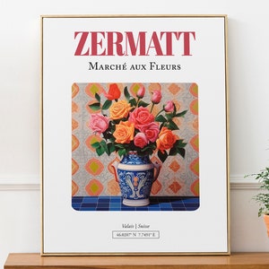 Póster impreso de Zermatt (Valais, Suiza) Marché aux Fleurs, ramo de rosas alpinas en jarrón de mayólica