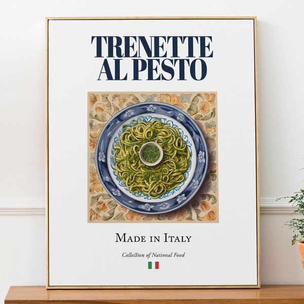 Trenette al Pesto auf Maiolica-Fliesenplatte, traditionelles italienisches Lebensmittel-Wand-Kunst-Druck-Plakat Feinschmecker-Geschenk-Küchen-Wand-Kunst