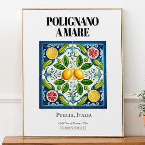 Polignono a Mare, Apulien, Italien, Fliesenmuster mit Colofrul Zitrusfrüchten ästhetik Wand Kunst Dekor Druck Poster