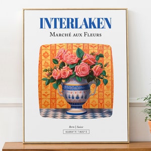 Interlaken (Berna, Suiza) Marché aux Fleurs, ramo de rosas alpinas en jarrón de mayólica, póster impreso artístico para pared