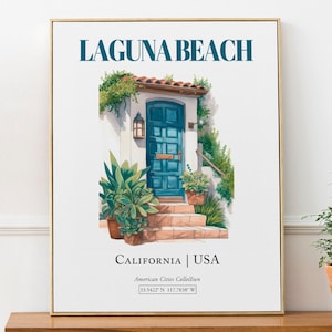 Laguna Beach, California, USA, Aesthetic Minimalistic Watercolor Entrance Door, Wall Art Print Poster, Kitchen Wall Art