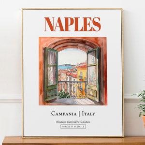 Neapel (Kampanien, Italien) Reisedruck Poster, Traditionelle Fenster Aquarell Illustration Wandkunst, Italien Liebhaber Geschenk