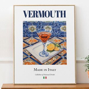 Vermouth su piastrelle di maiolica, poster con stampa di bevande tradizionali italiane, decorazione murale per cucina e bar