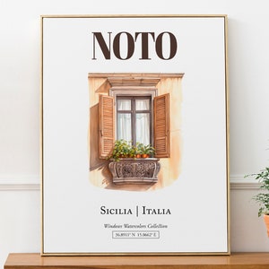 Noto (Sicile, Italie), affiche de voyage, fenêtre traditionnelle, illustration aquarelle, art mural, cadeau pour les amoureux de l'Italie