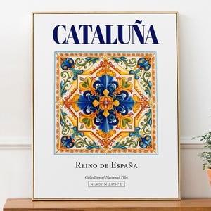 Cataluña, Spain, Aesthetic Folk Traditional Tile, Wall Art Décor Print Poster, Bathroom Wall Art