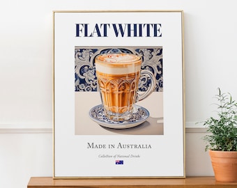 Flat White on Maiolica Tile, Traditional Australian Beverage (Drink) Print Poster, Kitchen and Bar Wall Art