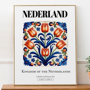 Nederland, Fliesenmuster mit Tulpen ästhetic Wall Art Decor Print Poster