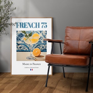 Franse 75 op majolicategels, poster met traditionele Franse drank (drank), muurkunst keuken en bar