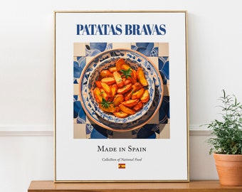 Patatas Bravas on Maiolica tile plate, Traditional Spanish Food Wall Art Print Poster, Kitchen and Café Decor, Foodie Gift