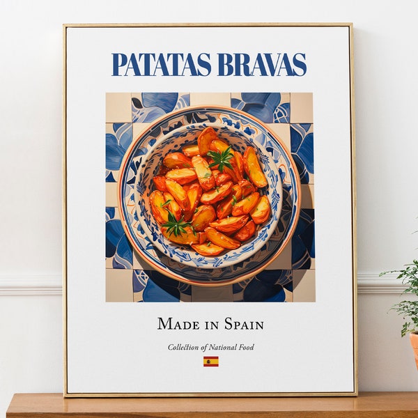 Patatas bravas en placa de azulejo Maiolica, cartel de impresión de arte de pared de comida tradicional española, decoración de cocina y café, regalo gourmet