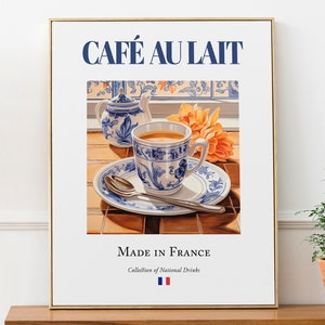Poster con stampa di Café Au Lait su piastrelle di maiolica, bevanda tradizionale francese, decorazione da parete per cucina e bar