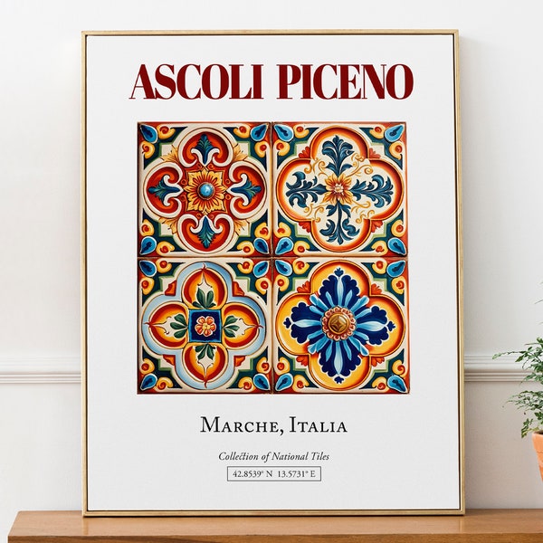 Ascoli Piceno, Marche, Italy, Aesthetic Folk Traditional Maiolica Tile, Wall Art Décor Print Poster, Bedroom Wall Decor