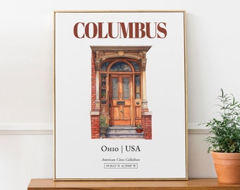 Columbus, Ohio, USA, Aesthetic Minimalistic Watercolor Entrance Door, Wall Art Print Poster, Kitchen Wall Decor