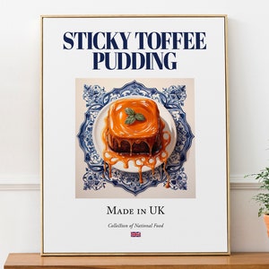 マヨリカタイルプレートに描かれたスティッキートフィープディング、伝統的なイギリス料理のウォールアートプリントポスター、キッチンやカフェの装飾、料理好きへのギフト
