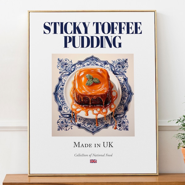 Sticky Toffee Pudding on Maiolica tile plate, Traditional English Food Wall Art Print Poster, Kitchen and Café Decor, Food Lover Gift